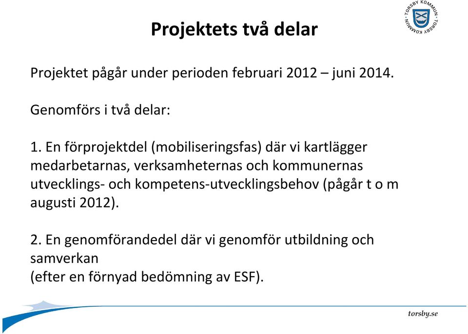 En förprojektdel (mobiliseringsfas) där vi kartlägger medarbetarnas, verksamheternas och