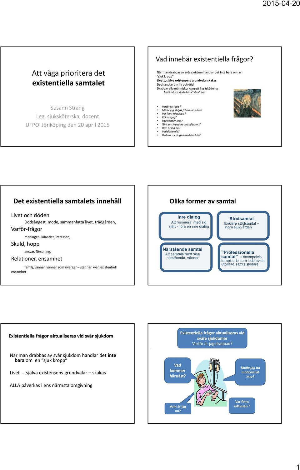 vi alla hitta våra svar Susann Strang Leg. sjuksköterska, docent UFPO Jönköping den 20 april 2015 Varför just jag? Måste jag skiljas från mina nära? Var finns rättvisan? Räknas jag? Vad händer sen?