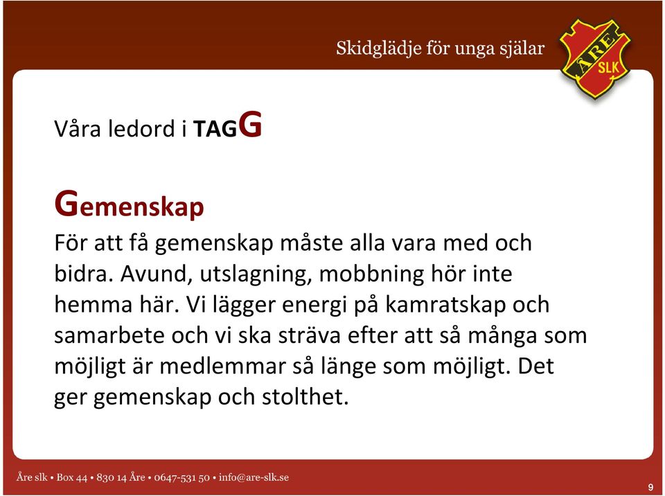 Vi lägger energi på kamratskap och samarbete och vi ska sträva efter att