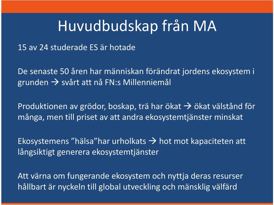 andra ekosystemtjänster minskat Ekosystemens hälsa har urholkats hot mot kapaciteten att långsiktigt generera