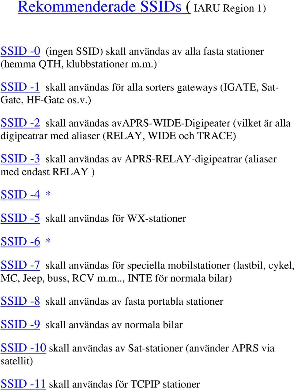-4 * SSID -5 skall användas för WX-stationer SSID -6 * SSID -7 skall användas för speciella mo