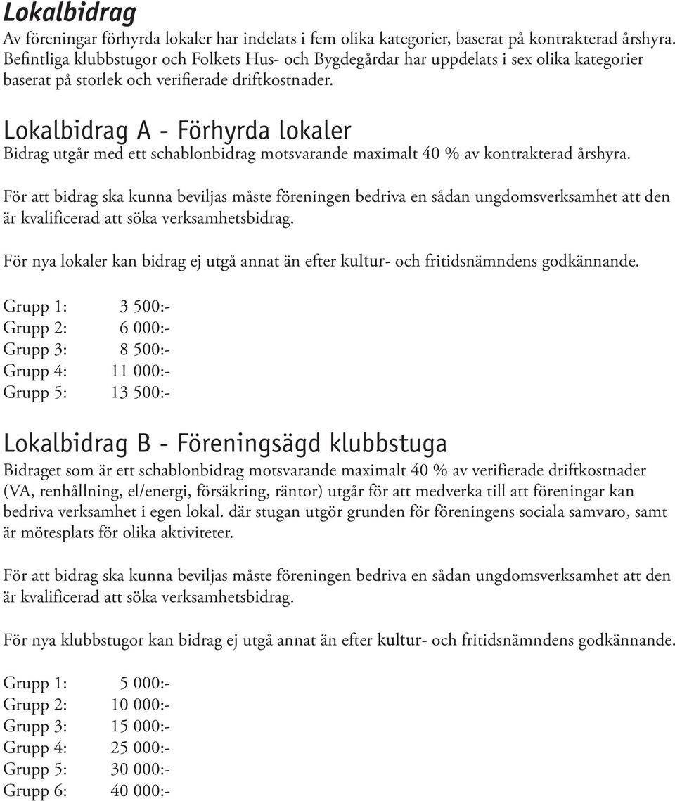 Lokalbidrag A - Förhyrda lokaler Bidrag utgår med ett schablonbidrag motsvarande maximalt 40 % av kontrakterad årshyra.