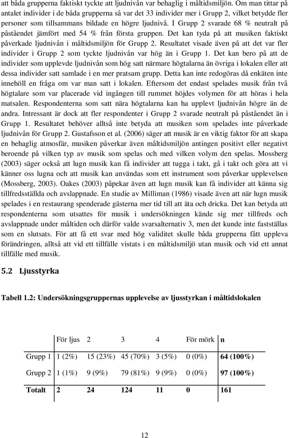 I Grupp 2 svarade 68 % neutralt på påståendet jämfört med 54 % från första gruppen. Det kan tyda på att musiken faktiskt påverkade ljudnivån i måltidsmiljön för Grupp 2.