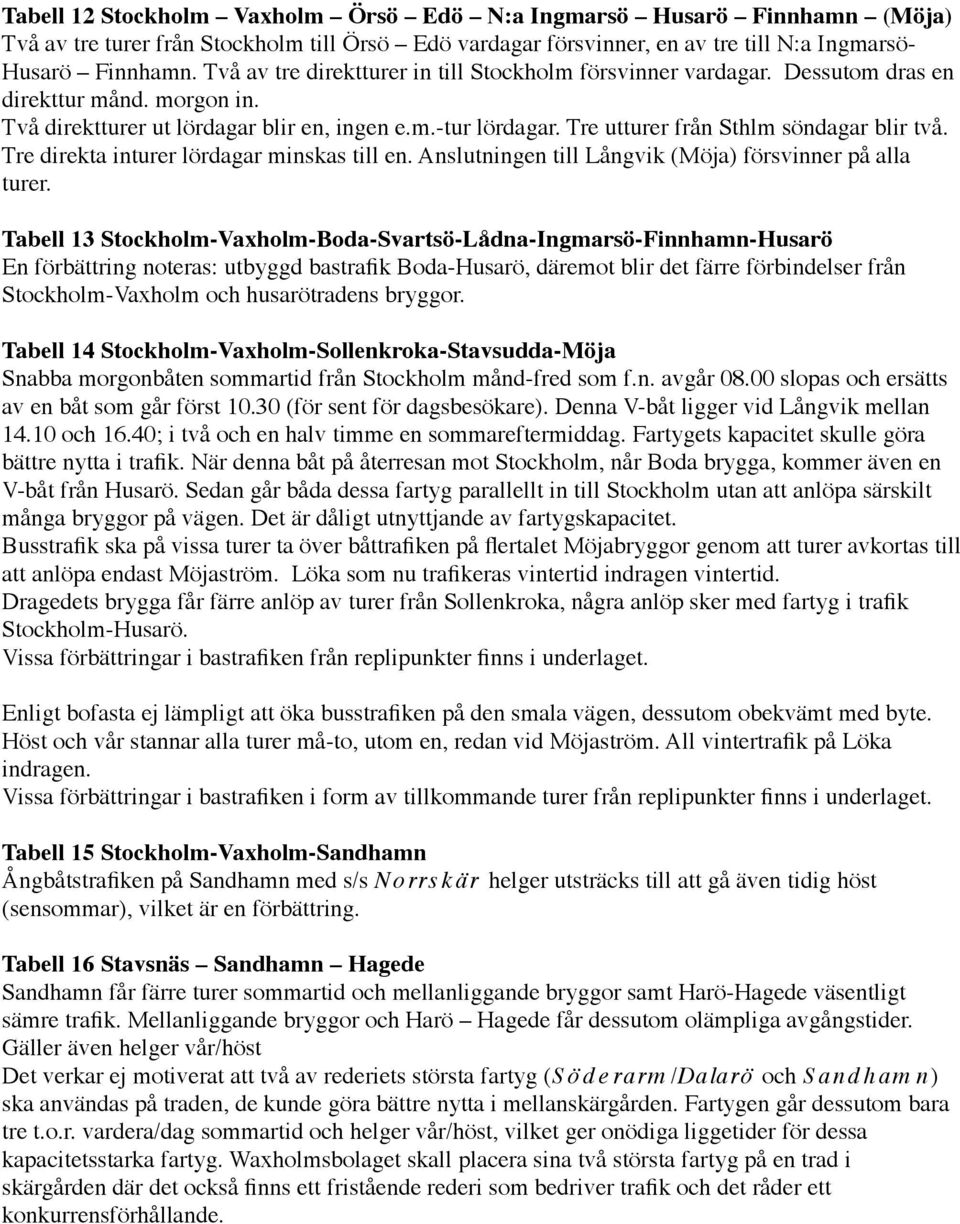 Tre utturer från Sthlm söndagar blir två. Tre direkta inturer lördagar minskas till en. Anslutningen till Långvik (Möja) försvinner på alla turer.