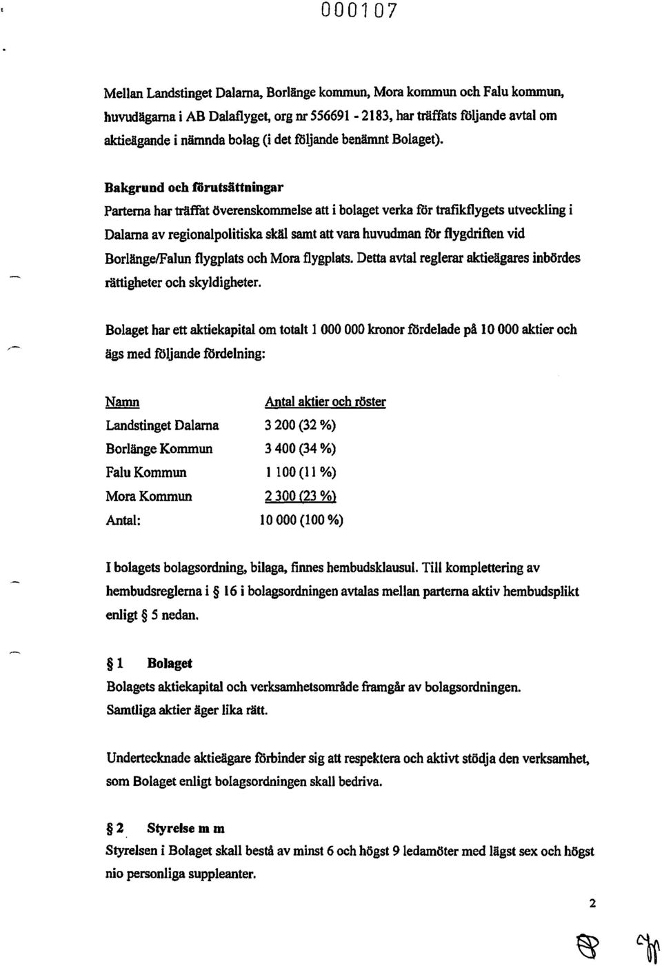 Bakgrund och förutsättningar Parterna har träffat överenskommelse att i bolaget verka för trafikflygets utveckling i Dalarna av regionalpolitiska skäl samt att vara huwdman ftsr flygdriften vid