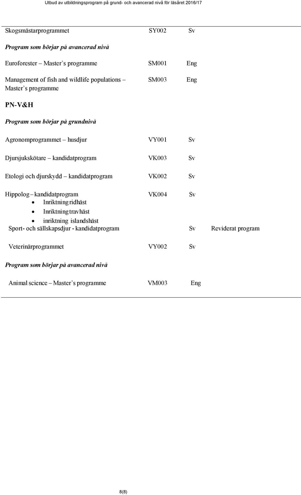 djurskydd kandidatprogram VK002 Sv Hippolog kandidatprogram Inriktning ridhäst Inriktning travhäst VK004 inriktning islandshäst Sport- och