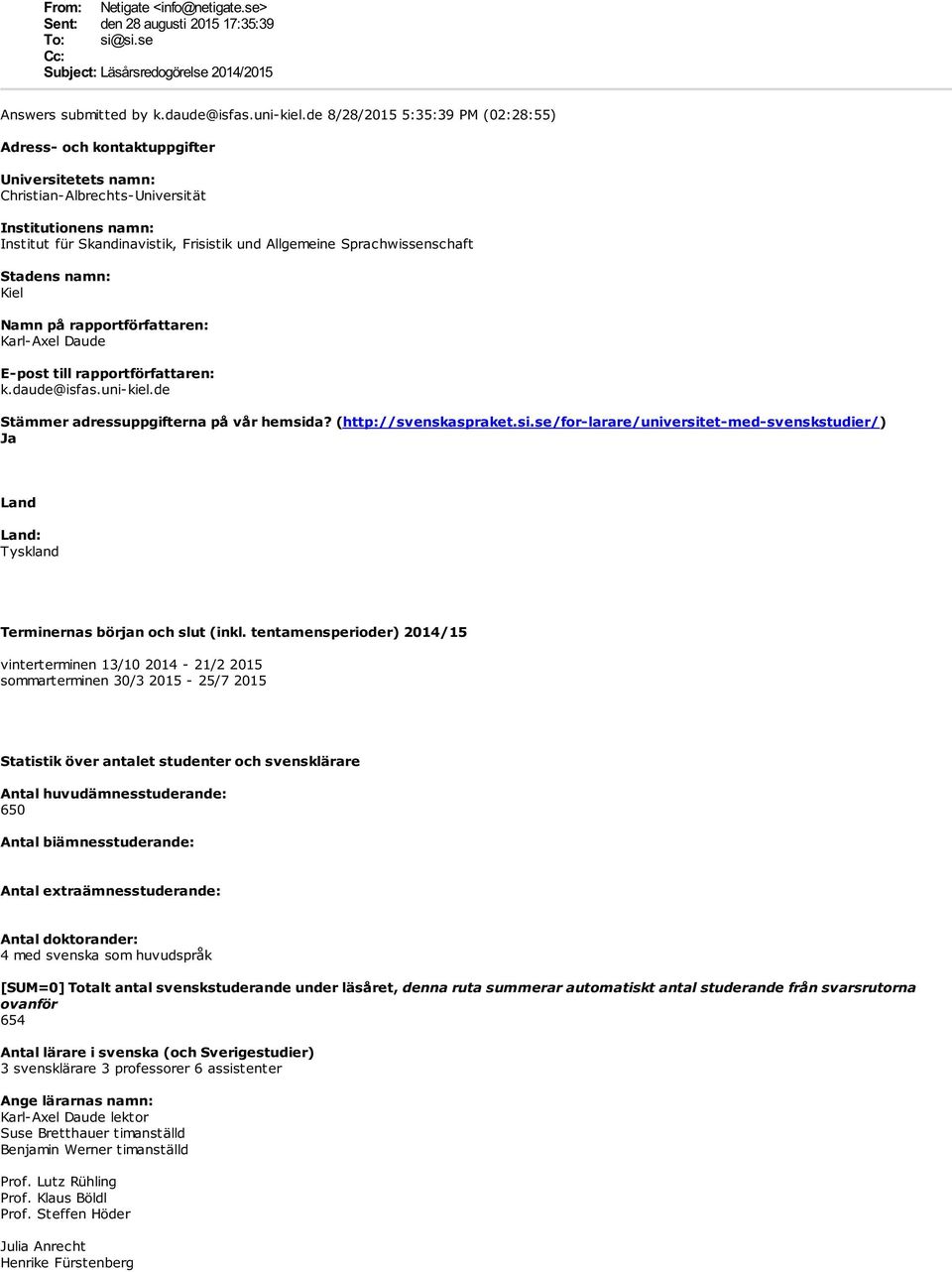 Sprachwissenschaft Stadens namn: Kiel Namn på rapportförfattaren: Karl-Axel Daude E-post till rapportförfattaren: k.daude@isfas.uni-kiel.de Stämmer adressuppgifterna på vår hemsida?