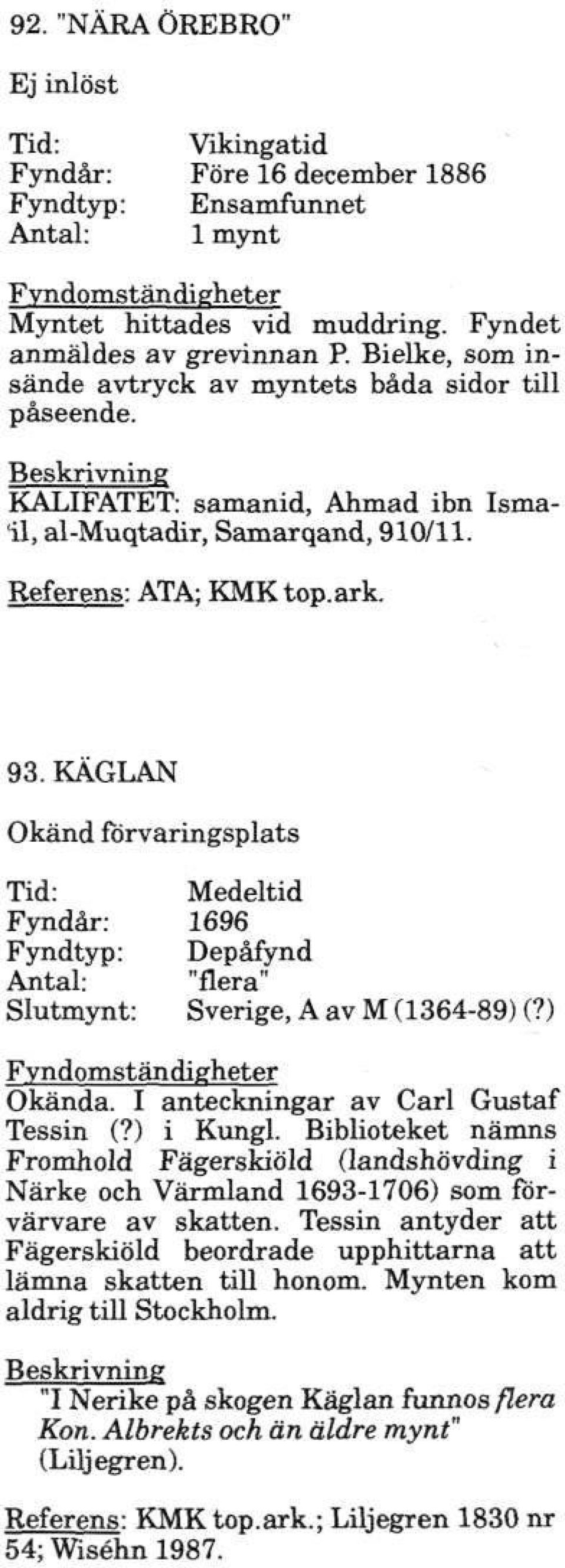 KÄGLAN Tid: Medeltid Fyndår: 1696 Fyndtyp: Depåfynd Antal: "flera" Slutmynt: Sverige, A av M (1364-89) (?) Fyndomständigheter Okända. I anteckningar av Carl Gustaf Tessin (?) i Kungl.