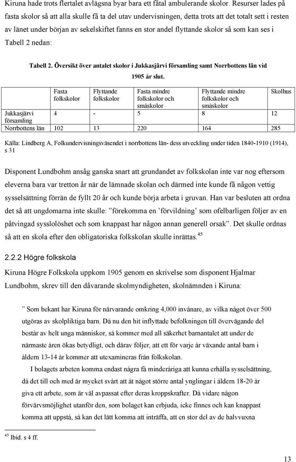 som kan ses i Tabell 2 nedan: Tabell 2. Översikt över antalet skolor i Jukkasjärvi församling samt Norrbottens län vid Fasta folkskolor Flyttande folkskolor 1905 år slut.