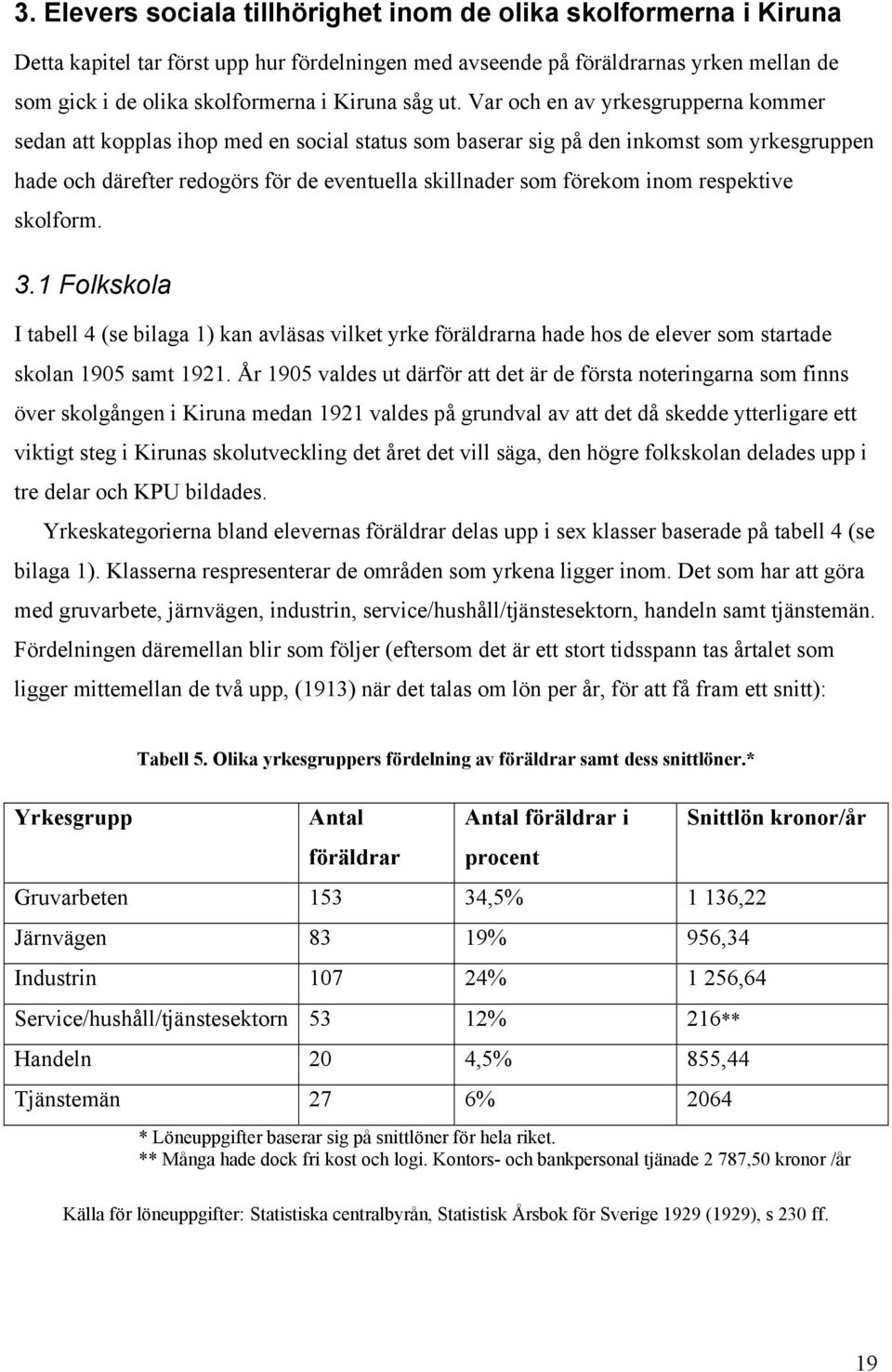 Var och en av yrkesgrupperna kommer sedan att kopplas ihop med en social status som baserar sig på den inkomst som yrkesgruppen hade och därefter redogörs för de eventuella skillnader som förekom