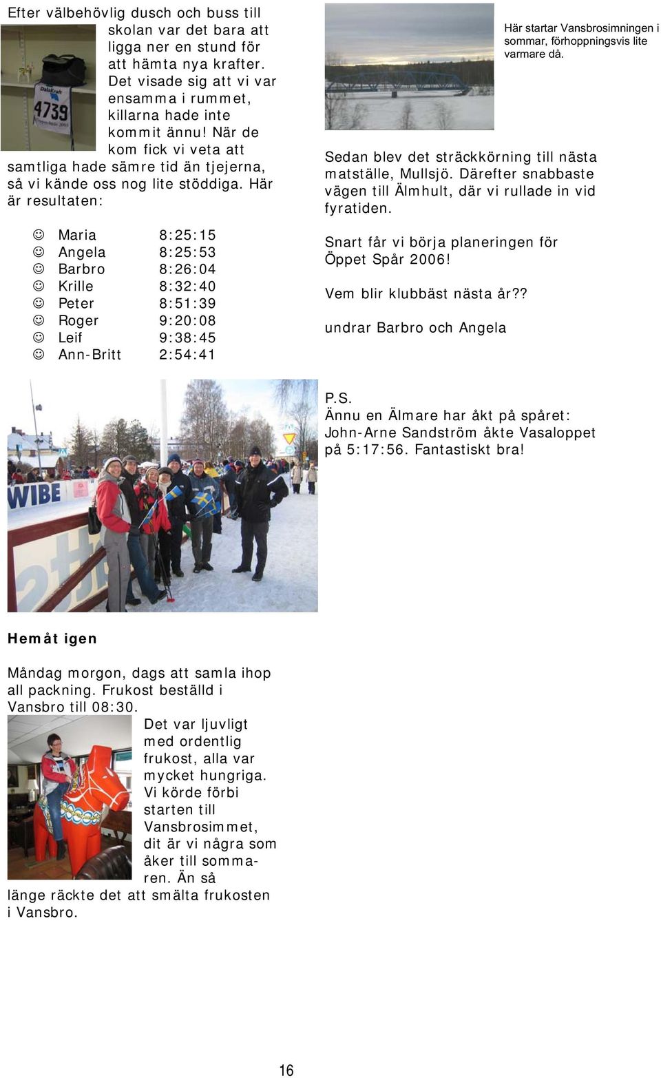 Här är resultaten: Maria 8:25:15 Angela 8:25:53 Barbro 8:26:04 Krille 8:32:40 Peter 8:51:39 Roger 9:20:08 Leif 9:38:45 Ann-Britt 2:54:41 Här startar Vansbrosimningen i sommar, förhoppningsvis lite