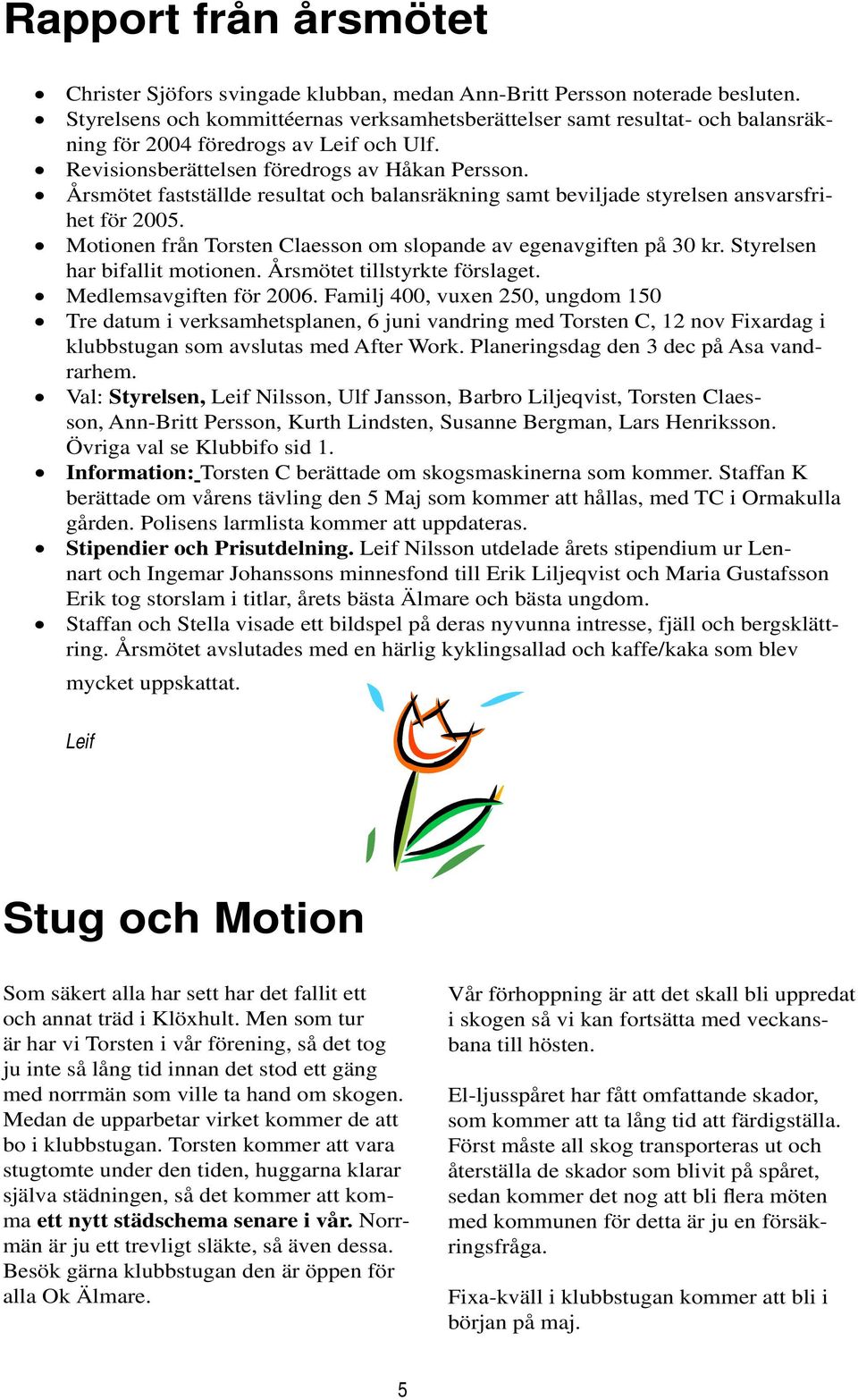 Årsmötet fastställde resultat och balansräkning samt beviljade styrelsen ansvarsfrihet för 2005. Motionen från Torsten Claesson om slopande av egenavgiften på 30 kr. Styrelsen har bifallit motionen.