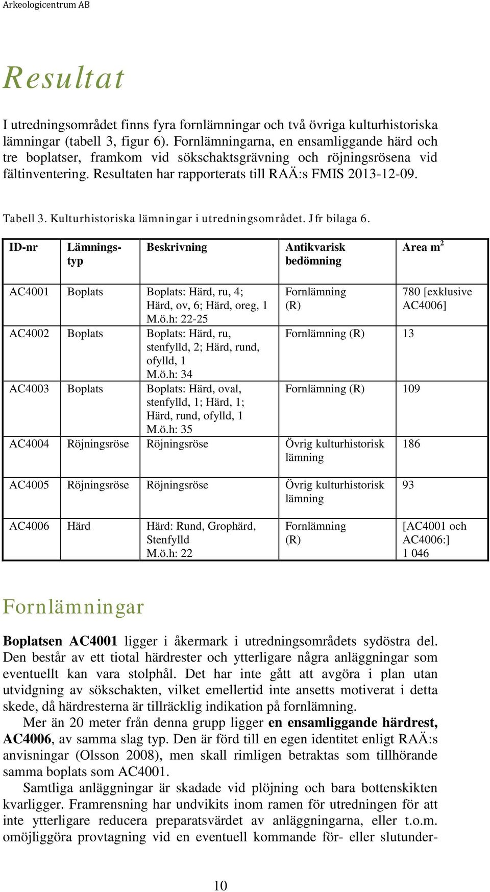 Kulturhistoriska lämningar i utredningsområdet. Jfr bilaga 6. ID-nr Lämningstyp Beskrivning Antikvarisk bedömning Area m 2 AC4001 Boplats Boplats: Härd, ru, 4; Härd, ov, 6; Härd, oreg, 1 M.ö.h: 22-25 AC4002 Boplats Boplats: Härd, ru, stenfylld, 2; Härd, rund, ofylld, 1 M.