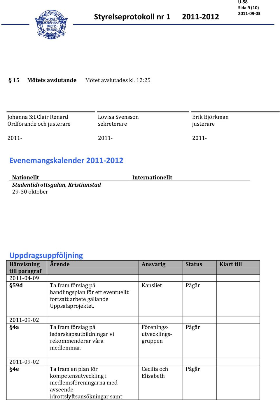Studentidrottsgalan, Kristianstad 29-30 oktober Internationellt Uppdragsuppföljning Hänvisning Ärende Ansvarig Status Klart till till paragraf 2011-04-09 59d Ta fram förslag på