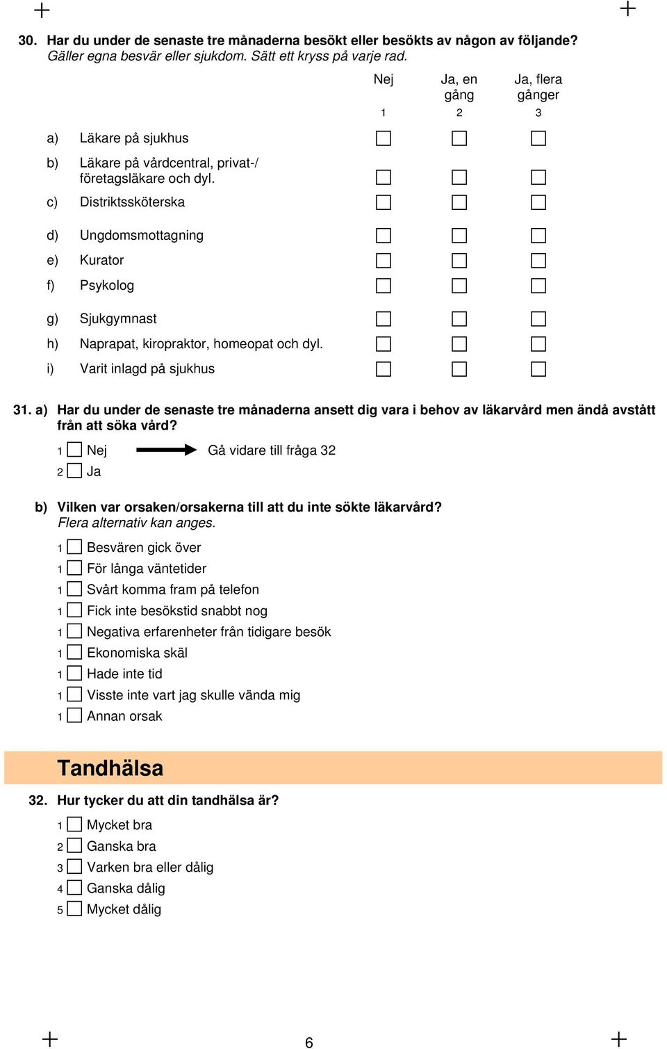 c) Distriktssköterska d) Ungdomsmottagning e) Kurator f) Psykolog g) Sjukgymnast h) Naprapat, kiropraktor, homeopat och dyl. i) Varit inlagd på sjukhus Nej Ja, en gång Ja, flera gånger 1 2 3 31.