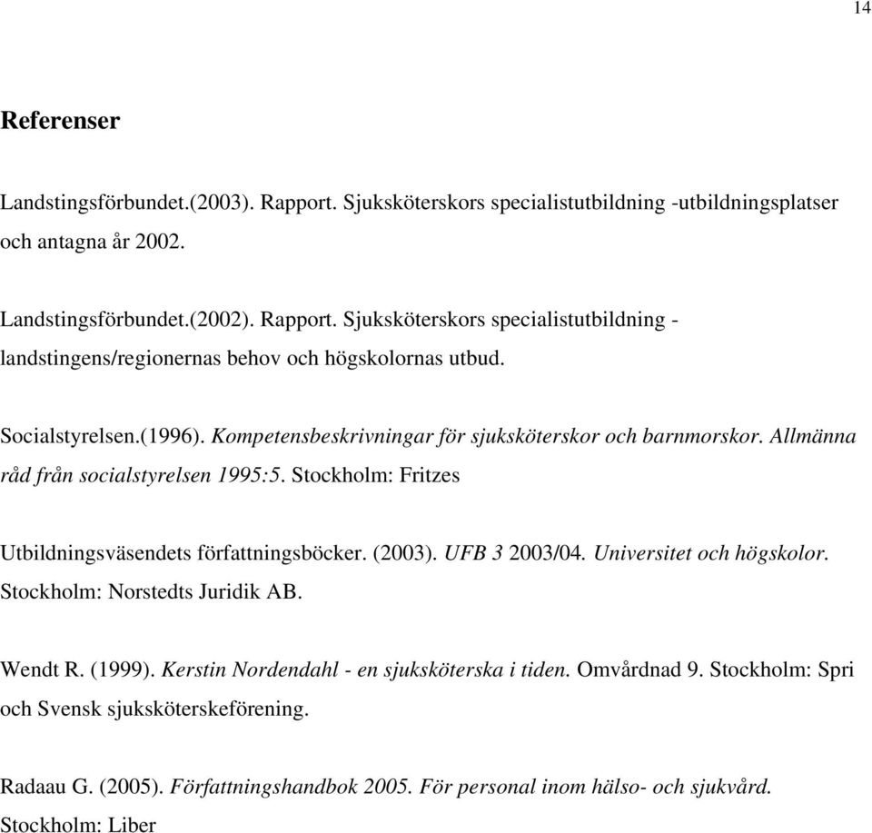 (2003). UFB 3 2003/04. Universitet och högskolor. Stockholm: Norstedts Juridik AB. Wendt R. (1999). Kerstin Nordendahl - en sjuksköterska i tiden. Omvårdnad 9.