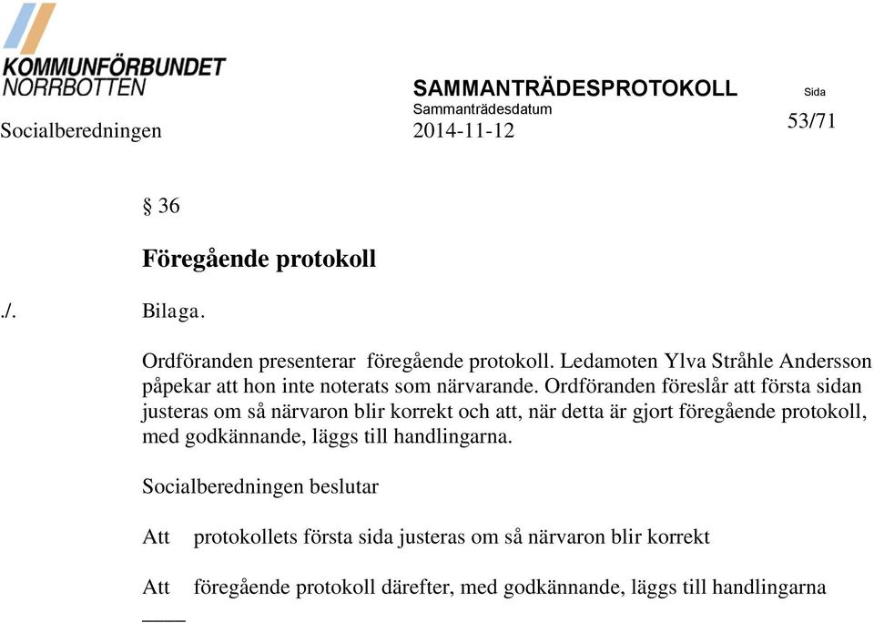 Ordföranden föreslår att första sidan justeras om så närvaron blir korrekt och att, när detta är gjort föregående
