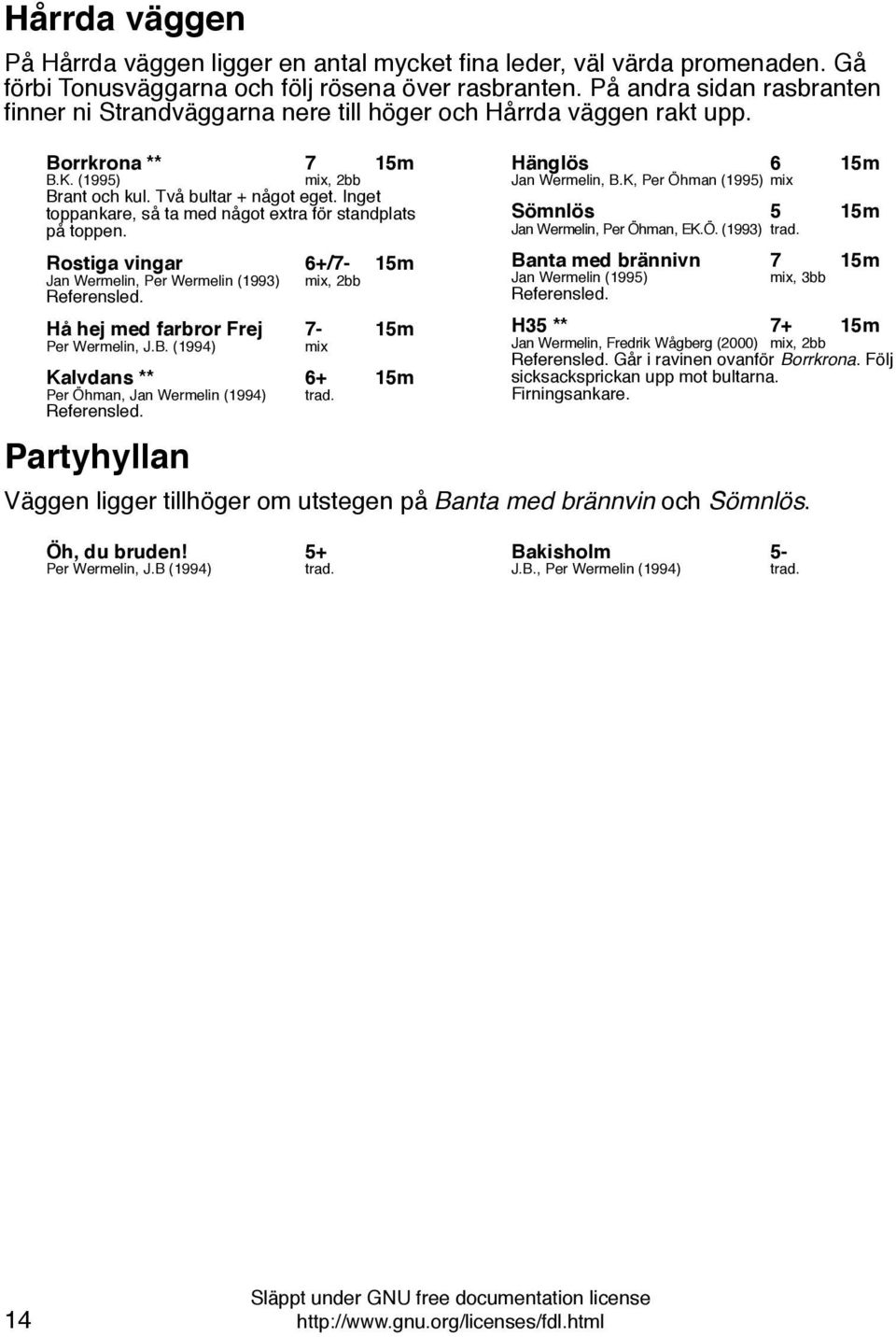 Inget toppankare, så ta med något extra för standplats på toppen. Rostiga vingar 6+/7-15m Jan Wermelin, Per Wermelin (1993) mix, 2bb Referensled. Hå hej med farbror Frej 7-15m Per Wermelin, J.B.