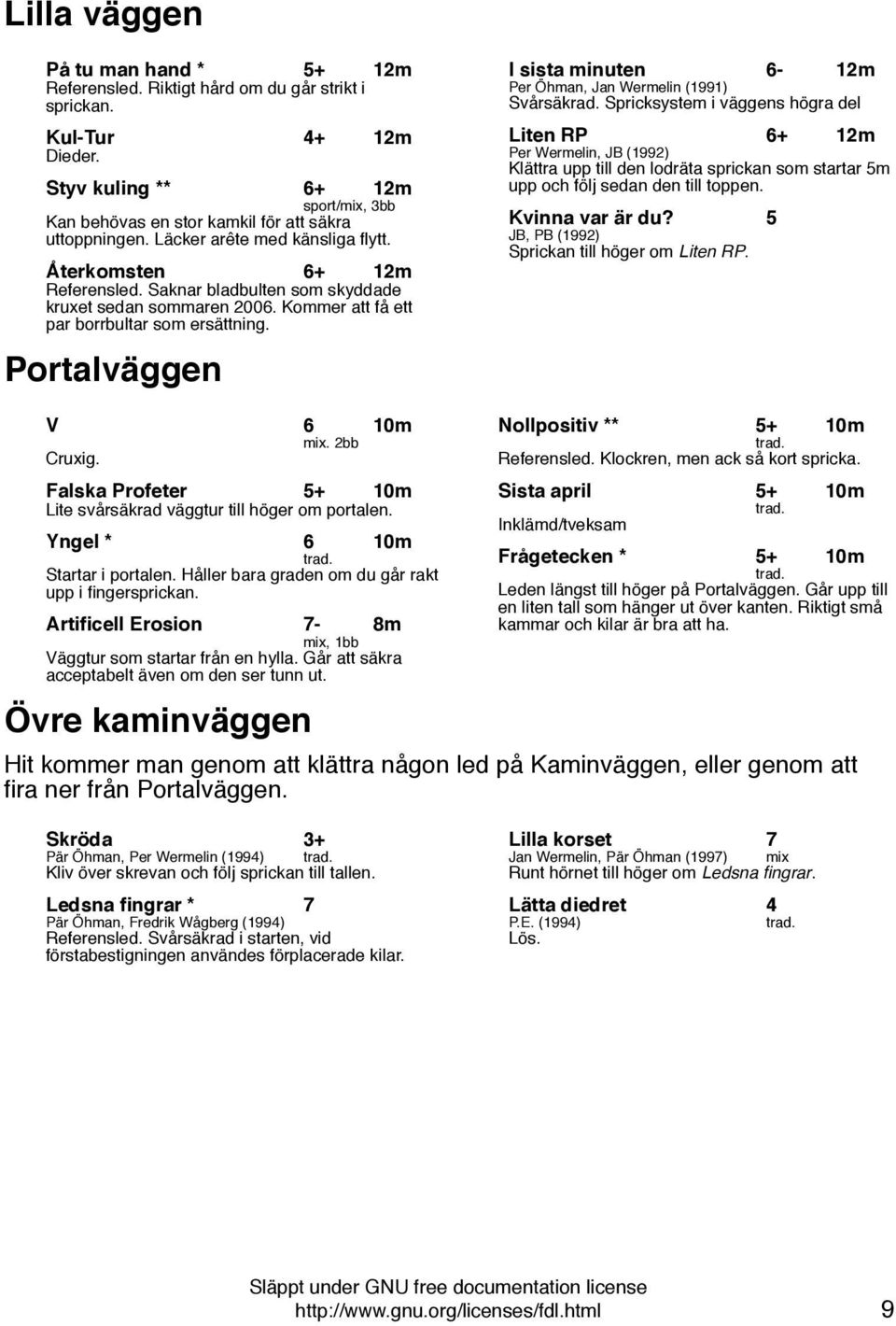 Saknar bladbulten som skyddade kruxet sedan sommaren 2006. Kommer att få ett par borrbultar som ersättning. Portalväggen I sista minuten 6-12m Per Öhman, Jan Wermelin (1991) Svårsäkrad.