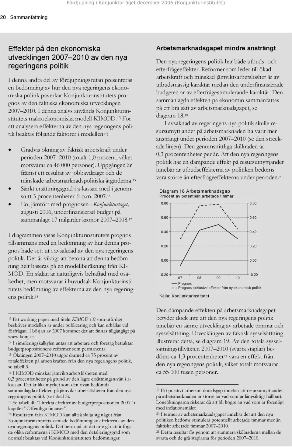 13 För att analysera effekterna av den nya regeringens politik beaktas följande faktorer i modellen 14 : Gradvis ökning av faktisk arbetskraft under perioden 20 20 (totalt 1,0 procent, vilket