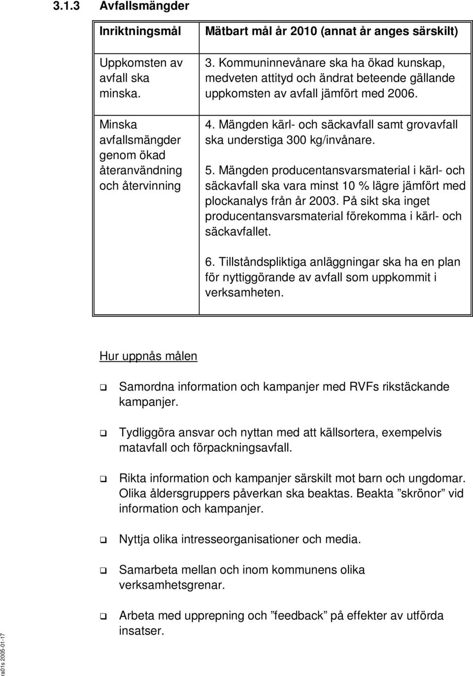 Mängden producentansvarsmaterial i kärl- och säckavfall ska vara minst 10 % lägre jämfört med plockanalys från år 2003. På sikt ska inget producentansvarsmaterial förekomma i kärl- och säckavfallet.