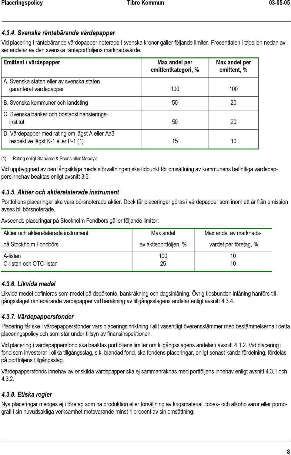 Svenska staten eller av svenska staten garanterat värdepapper 100 100 B. Svenska kommuner och landsting 50 20 C. Svenska banker och bostadsfinansieringsinstitut 50 20 D.