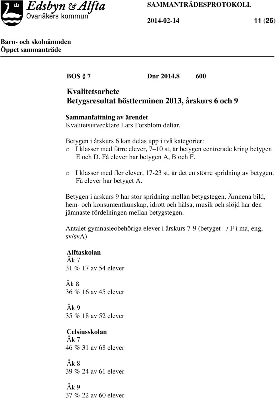 o I klasser med fler elever, 17-23 st, är det en större spridning av betygen. Få elever har betyget A. Betygen i årskurs 9 har stor spridning mellan betygstegen.