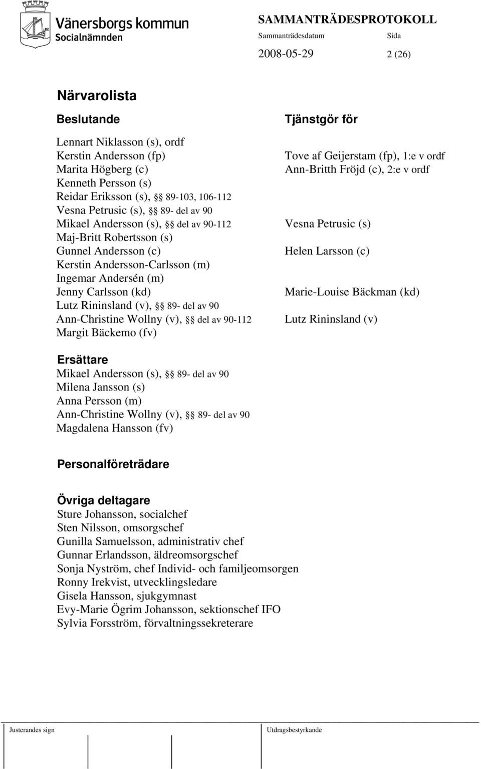 Ann-Christine Wollny (v), del av 90-112 Margit Bäckemo (fv) Tjänstgör för Tove af Geijerstam (fp), 1:e v ordf Ann-Britth Fröjd (c), 2:e v ordf Vesna Petrusic (s) Helen Larsson (c) Marie-Louise