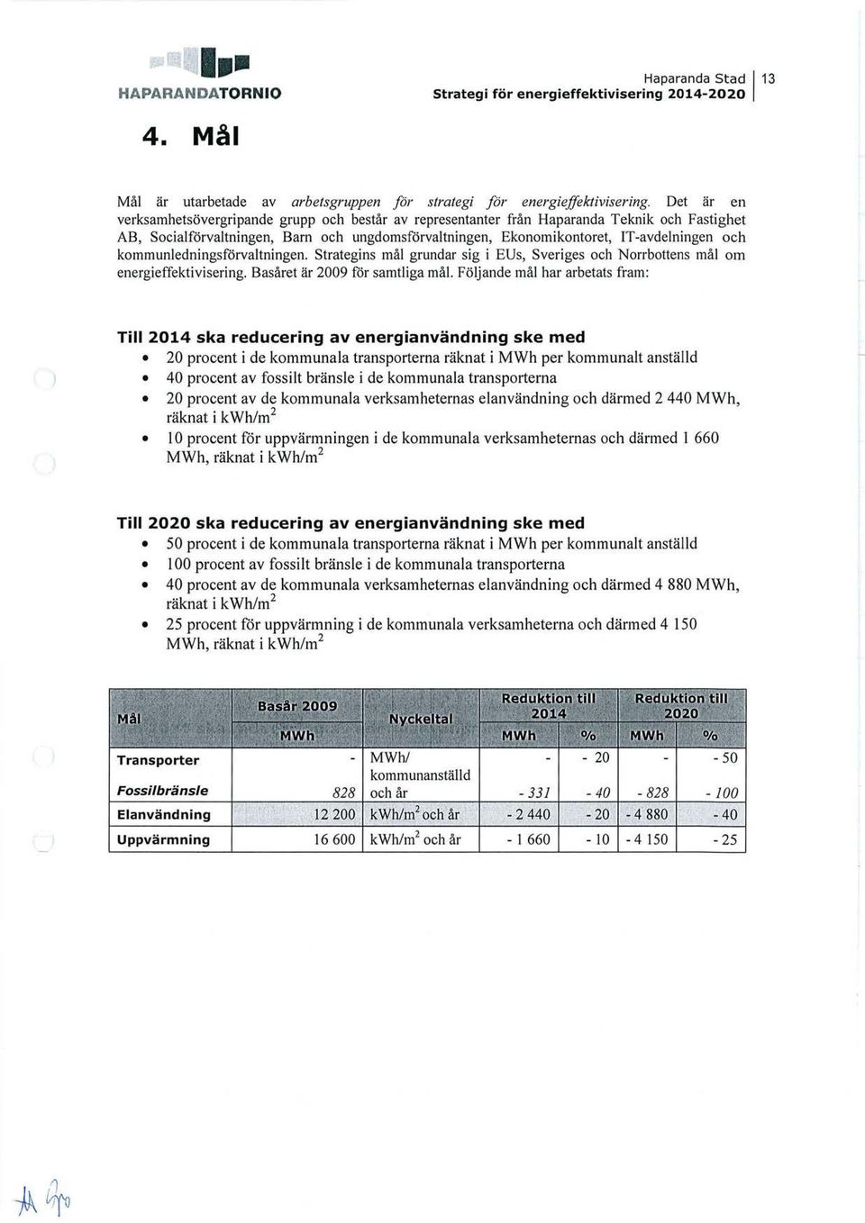 kommunledningsförvaltningen. Strategins mål grundar sig i EUs, Sveriges och Norrbottens mål om energieffektivisering. Basåret är 2009 för samtliga mål.