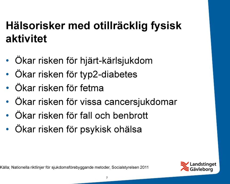 cancersjukdomar Ökar risken för fall och benbrott Ökar risken för psykisk