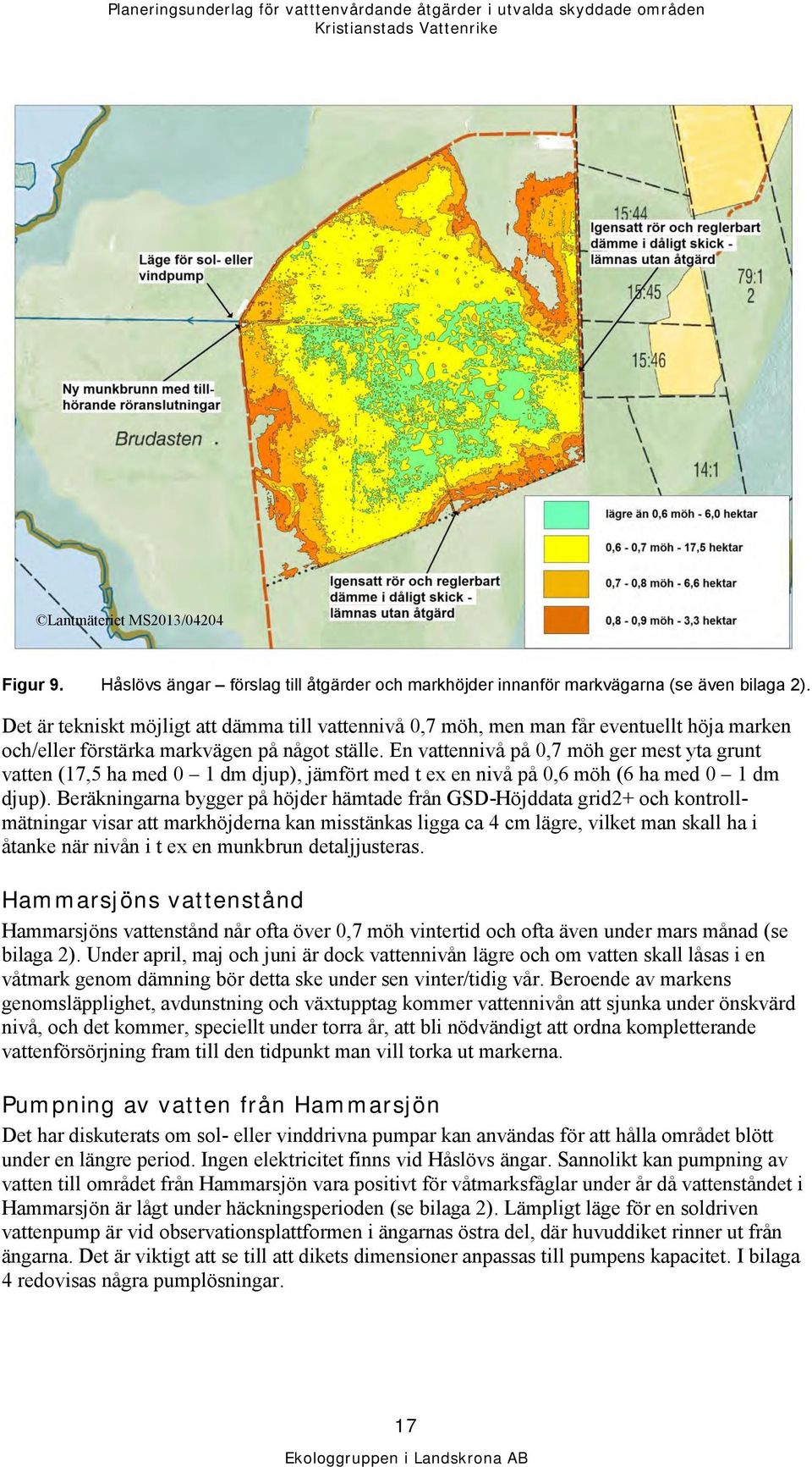 En vattennivå på 0,7 möh ger mest yta grunt vatten (17,5 ha med 0 1 dm djup), jämfört med t ex en nivå på 0,6 möh (6 ha med 0 1 dm djup).