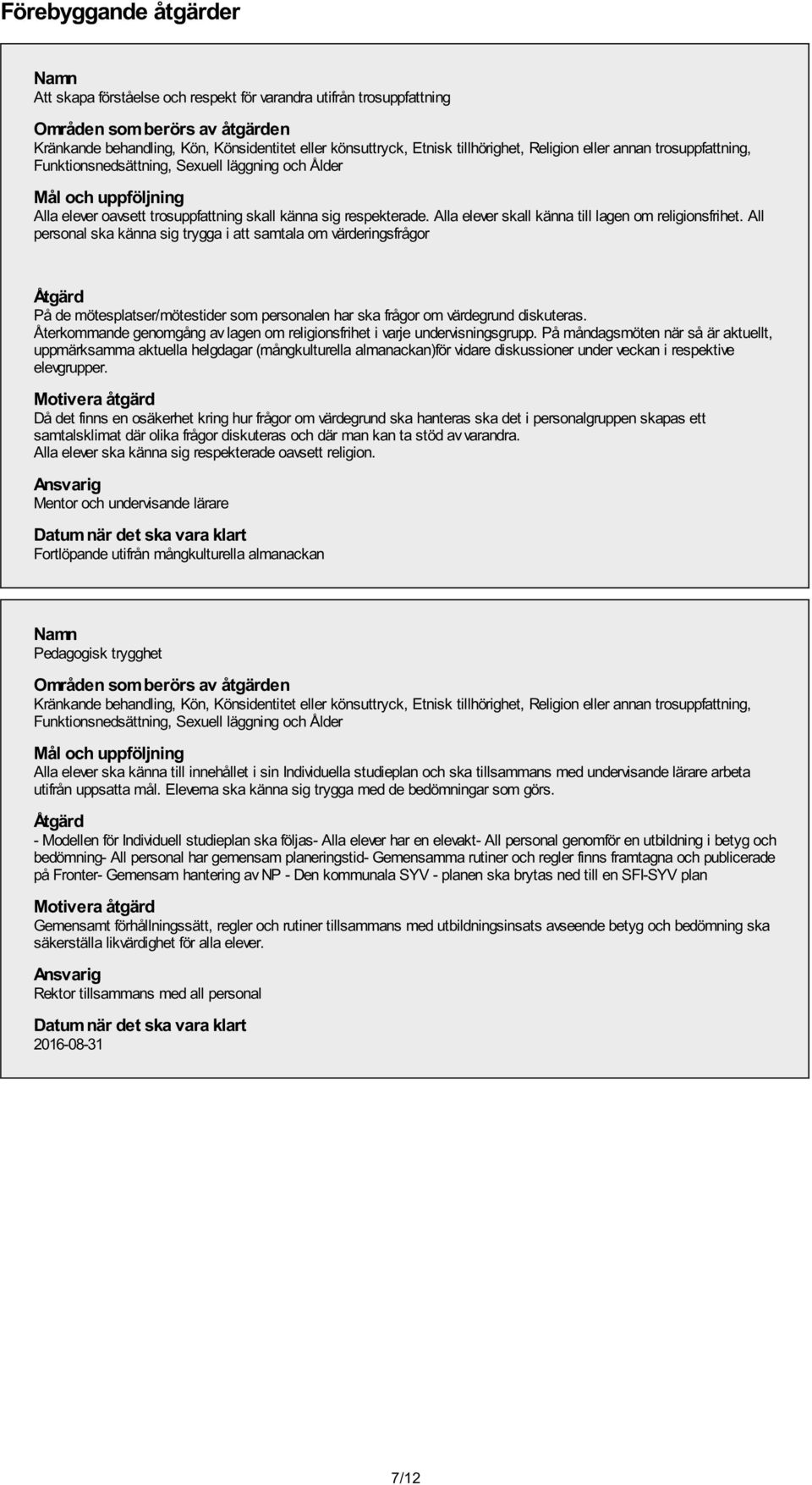 All personal ska känna sig trygga i att samtala om värderingsfrågor Åtgärd På de mötesplatser/mötestider som personalen har ska frågor om värdegrund diskuteras.