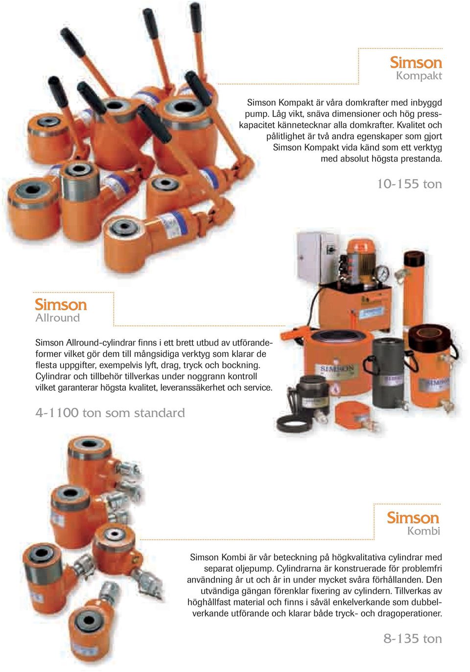 10-155 ton Allround Simson Allround-cylindrar finns i ett brett utbud av utförandeformer vilket gör dem till mångsidiga verktyg som klarar de flesta uppgifter, exempelvis lyft, drag, tryck och