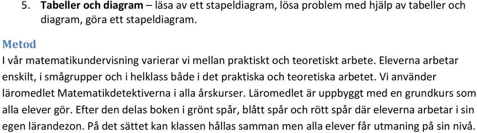 Eleverna arbetar enskilt, i smågrupper och i helklass både i det praktiska och teoretiska arbetet.