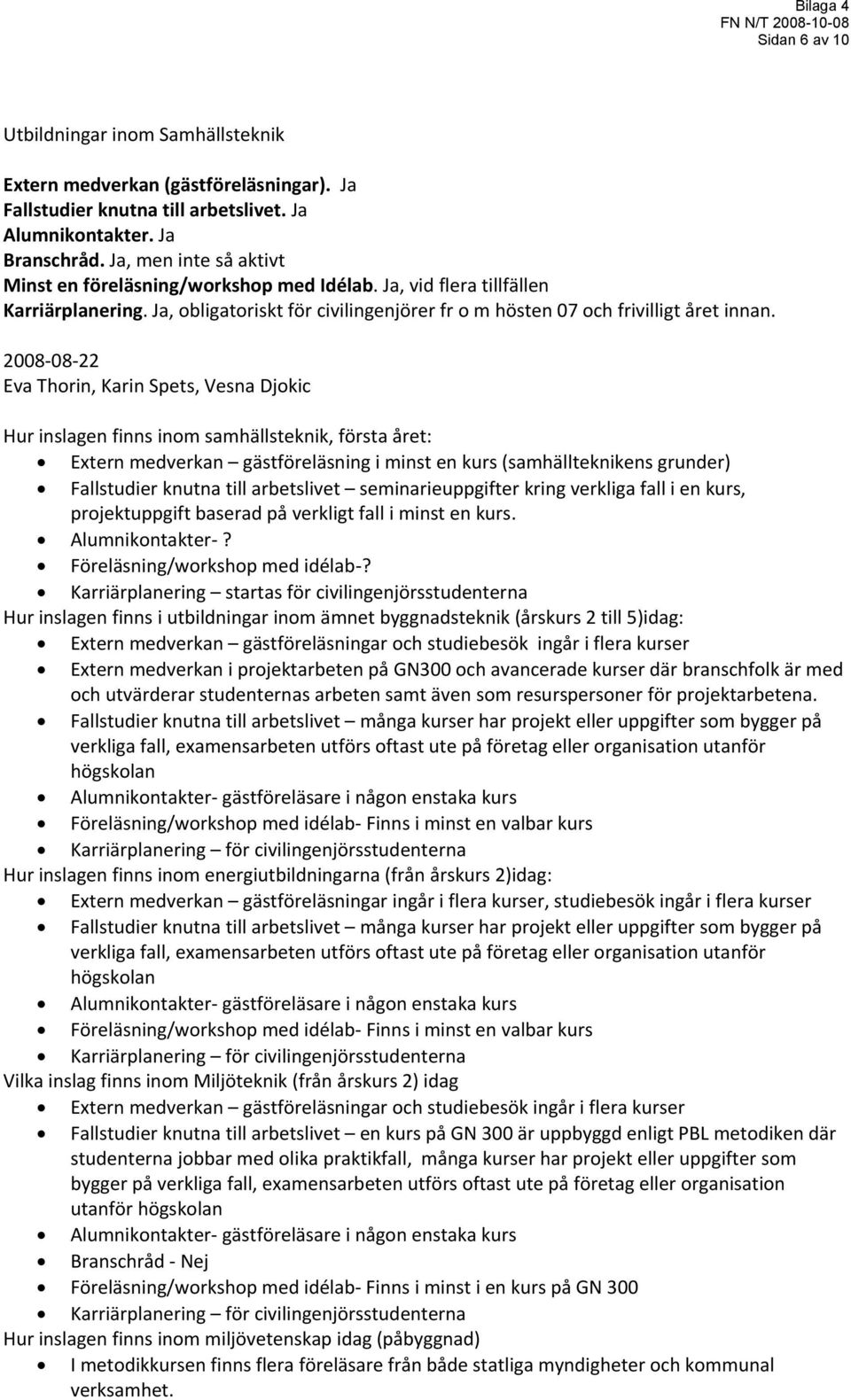 2008 08 22 Eva Thorin, Karin Spets, Vesna Djokic Hur inslagen finns inom samhällsteknik, första året: Extern medverkan gästföreläsning i minst en kurs (samhällteknikens grunder) Fallstudier knutna