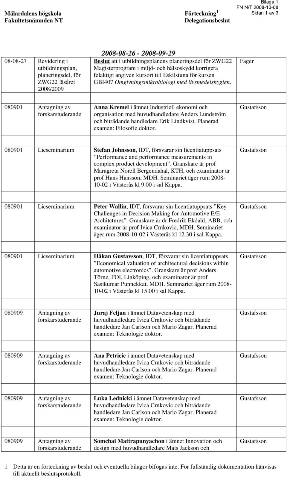 livsmedelshygien. Fager 080901 Antagning av forskarstuderande Anna Kremel i ämnet Industriell ekonomi och organisation med huvudhandledare Anders Lundström och biträdande handledare Erik Lindkvist.