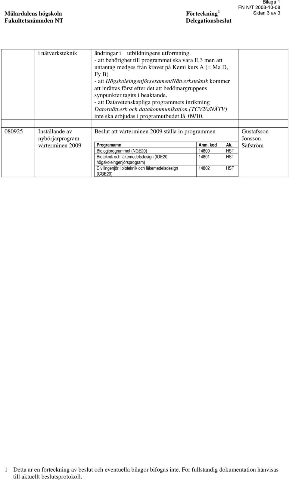 - att Datavetenskapliga programmets inriktning Datornätverk och datakommunikation (TCV20/NÄTV) inte ska erbjudas i programutbudet lå 09/10.