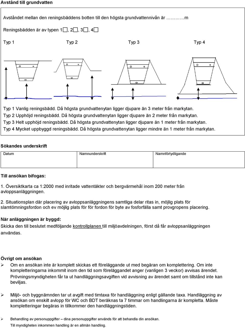 Då högsta grundvattenytan ligger djupare än 1 meter från markytan. Typ 4 Mycket uppbyggd reningsbädd. Då högsta grundvattenytan ligger mindre än 1 meter från markytan.