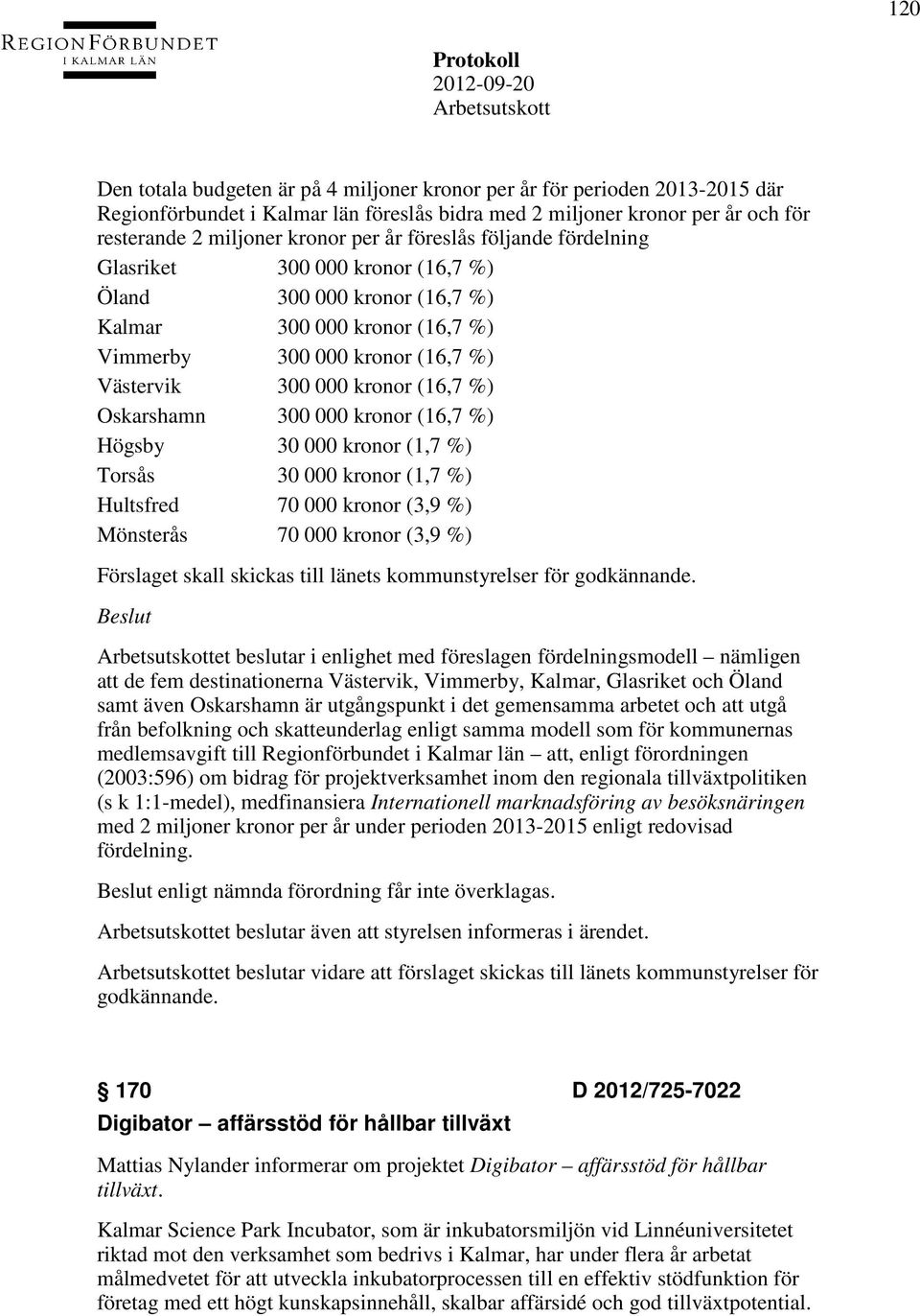 Oskarshamn 300 000 kronor (16,7 %) Högsby 30 000 kronor (1,7 %) Torsås 30 000 kronor (1,7 %) Hultsfred 70 000 kronor (3,9 %) Mönsterås 70 000 kronor (3,9 %) Förslaget skall skickas till länets