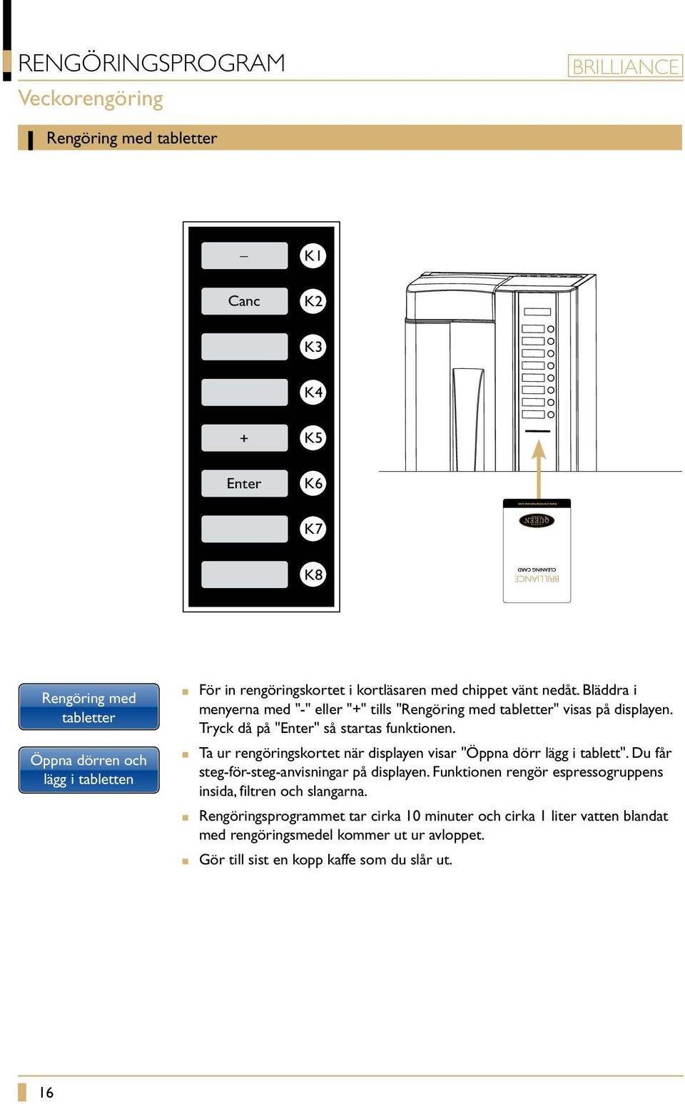 Tryck då på "Enter" så startas funktionen. Ta ur rengöringskortet när displayen visar "Öppna dörr lägg i tablett". Du får steg-för-steg-anvisningar på displayen.
