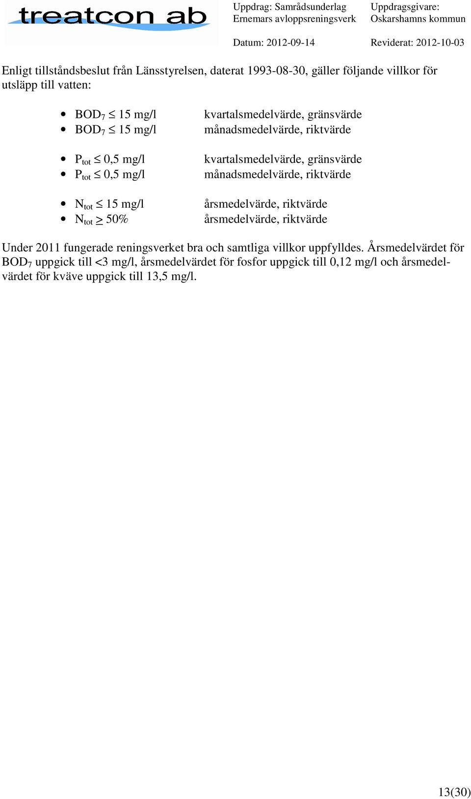 månadsmedelvärde, riktvärde årsmedelvärde, riktvärde årsmedelvärde, riktvärde Under 2011 fungerade reningsverket bra och samtliga villkor