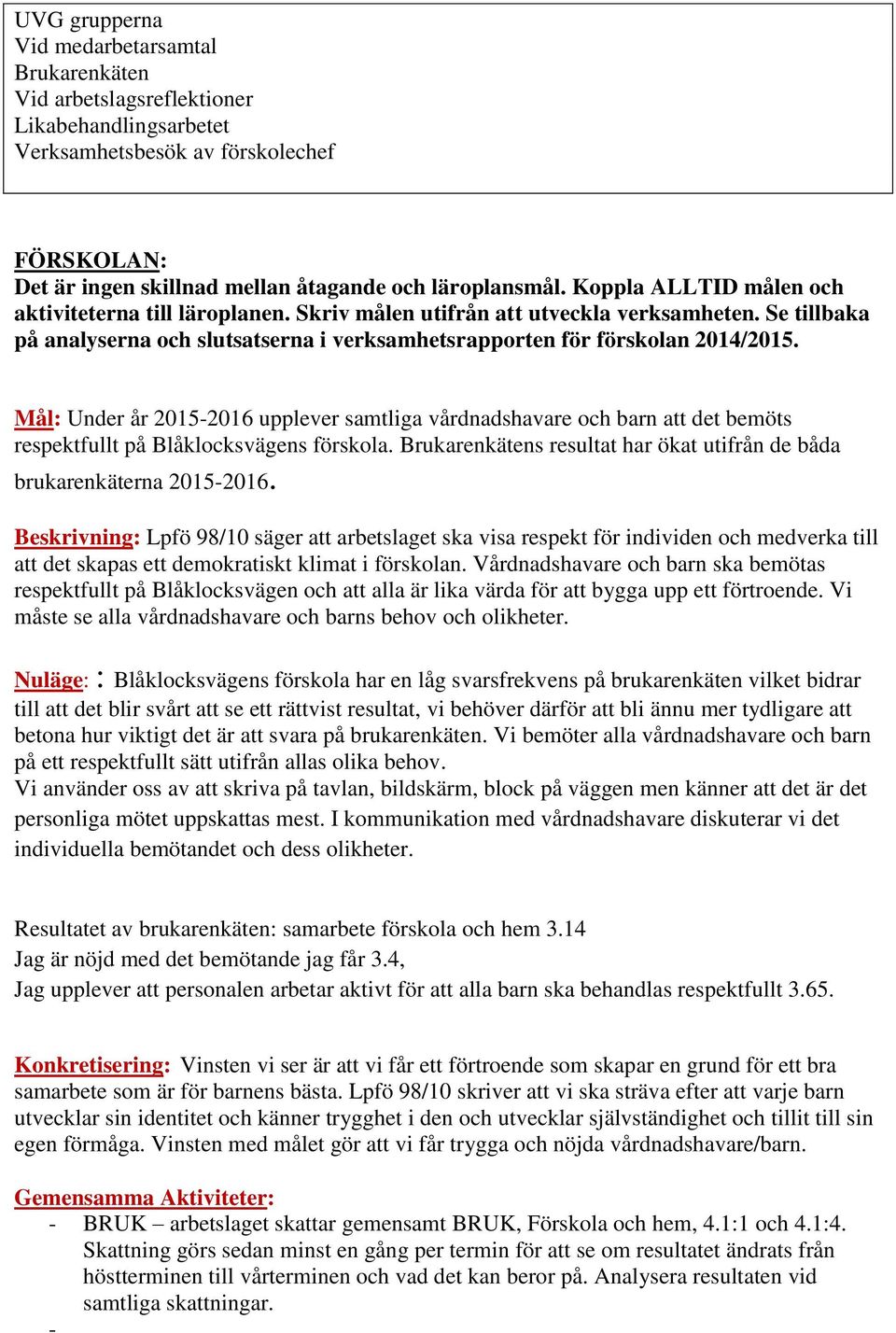 Mål: Under år 2015-2016 upplever samtliga vårdnadshavare och barn att det bemöts respektfullt på Blåklocksvägens förskola. Brukarenkätens resultat har ökat utifrån de båda brukarenkäterna 2015-2016.