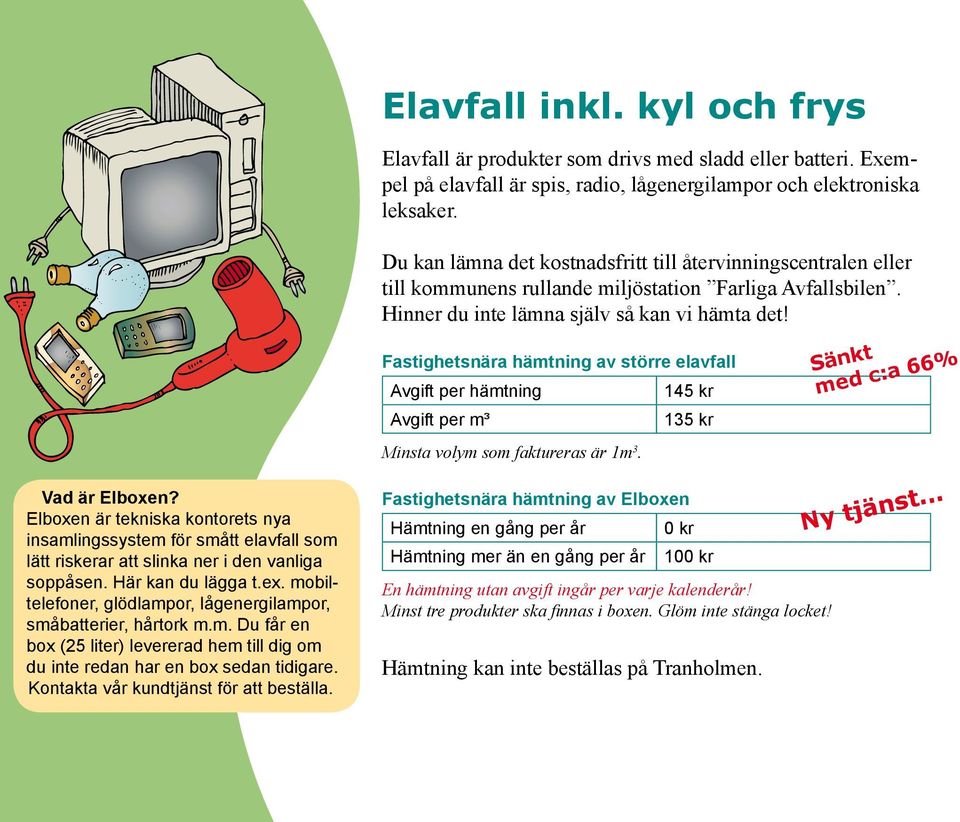 Fastighetsnära hämtning av större elavfall Avgift per hämtning Avgift per m³ Minsta volym som faktureras är 1m 3. 145 kr 135 kr Sänkt med c:a 66% Vad är Elboxen?