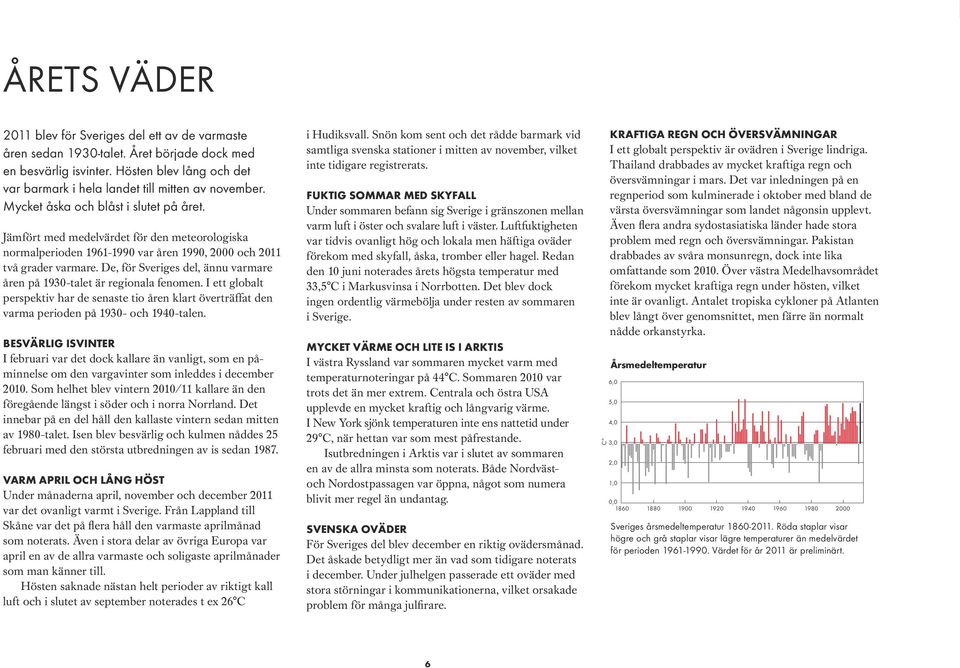 Jämfört med medelvärdet för den meteorologiska normalperioden 1961-1990 var åren 1990, 2000 och 2011 två grader varmare. De, för Sveriges del, ännu varmare åren på 1930-talet är regionala fenomen.