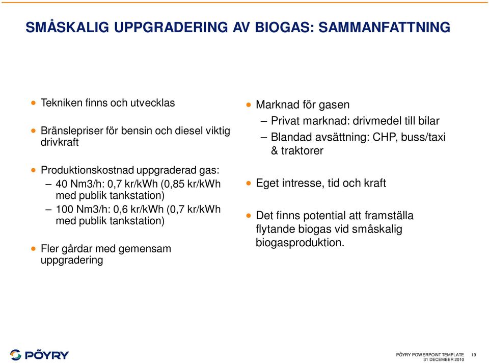 tankstation) Fler gårdar med gemensam uppgradering Marknad för gasen Privat marknad: drivmedel till bilar Blandad avsättning: CHP, buss/taxi