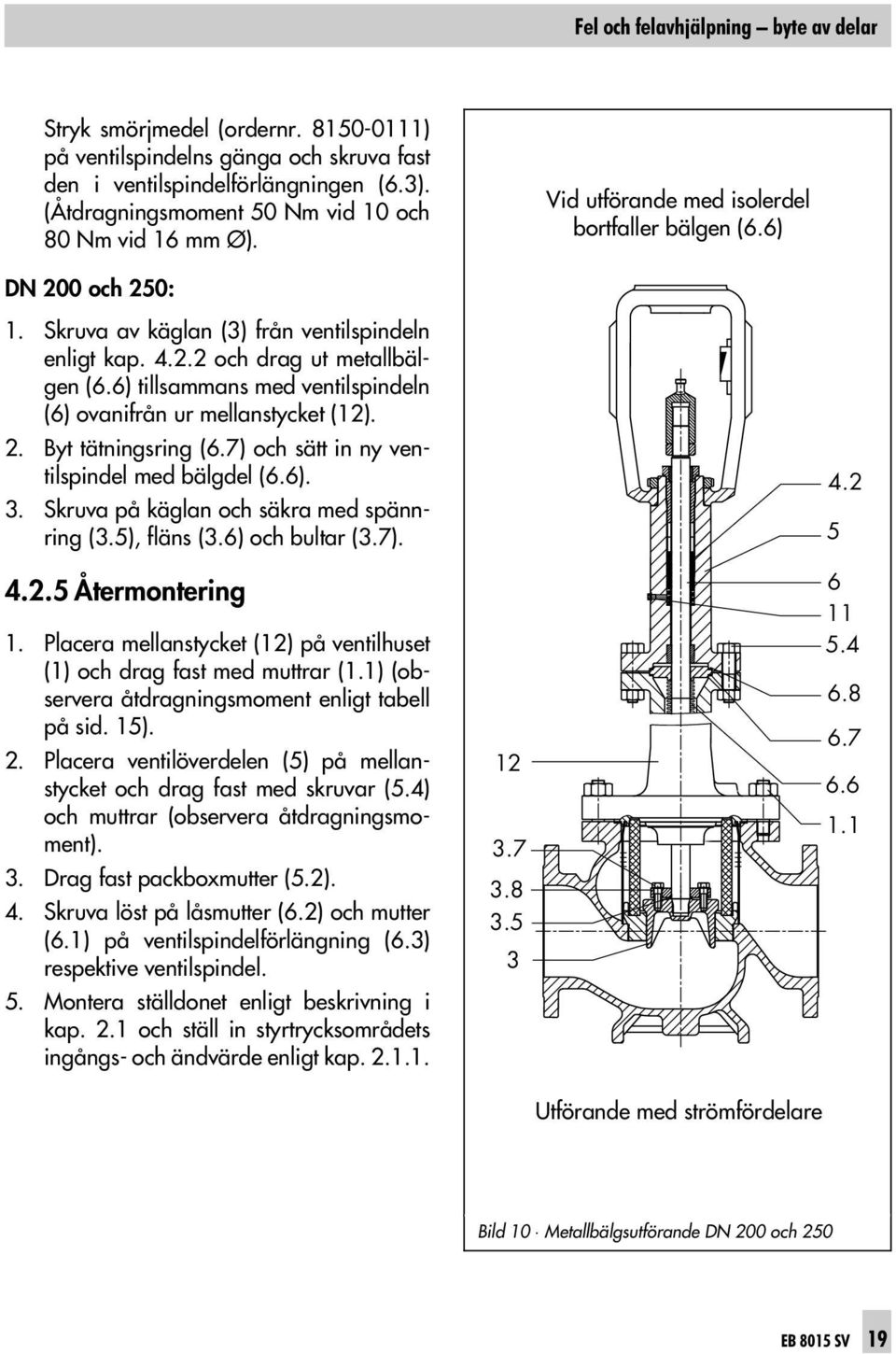 6) tillsammans med ventilspindeln (6) ovanifrån ur mellanstycket (12). 2. Byt tätningsring (6.7) och sätt in ny ventilspindel med bälgdel (6.6). 3. Skruva på käglan och säkra med spännring (3.
