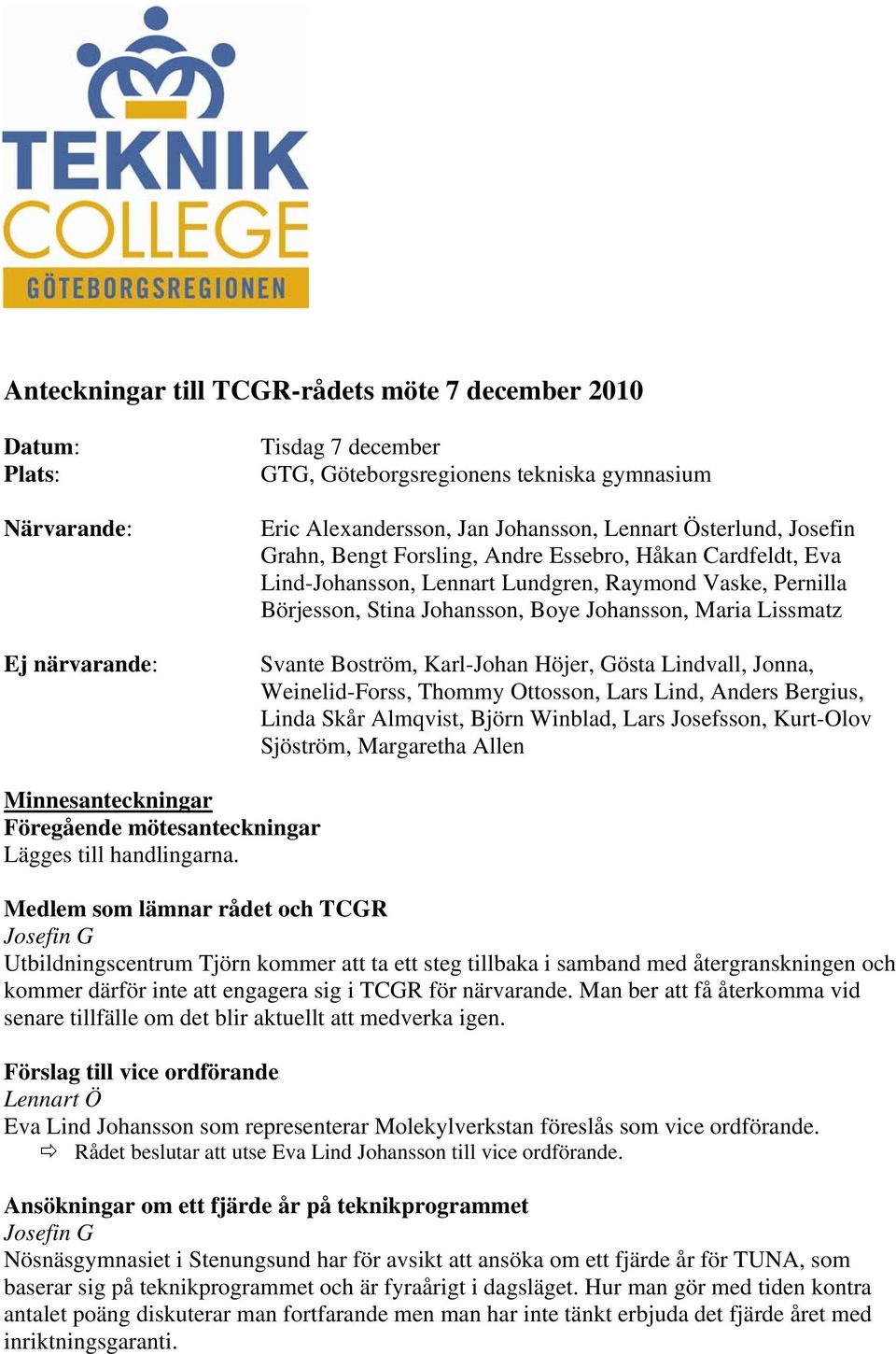 Svante Boström, Karl-Johan Höjer, Gösta Lindvall, Jonna, Weinelid-Forss, Thommy Ottosson, Lars Lind, Anders Bergius, Linda Skår Almqvist, Björn Winblad, Lars Josefsson, Kurt-Olov Sjöström, Margaretha