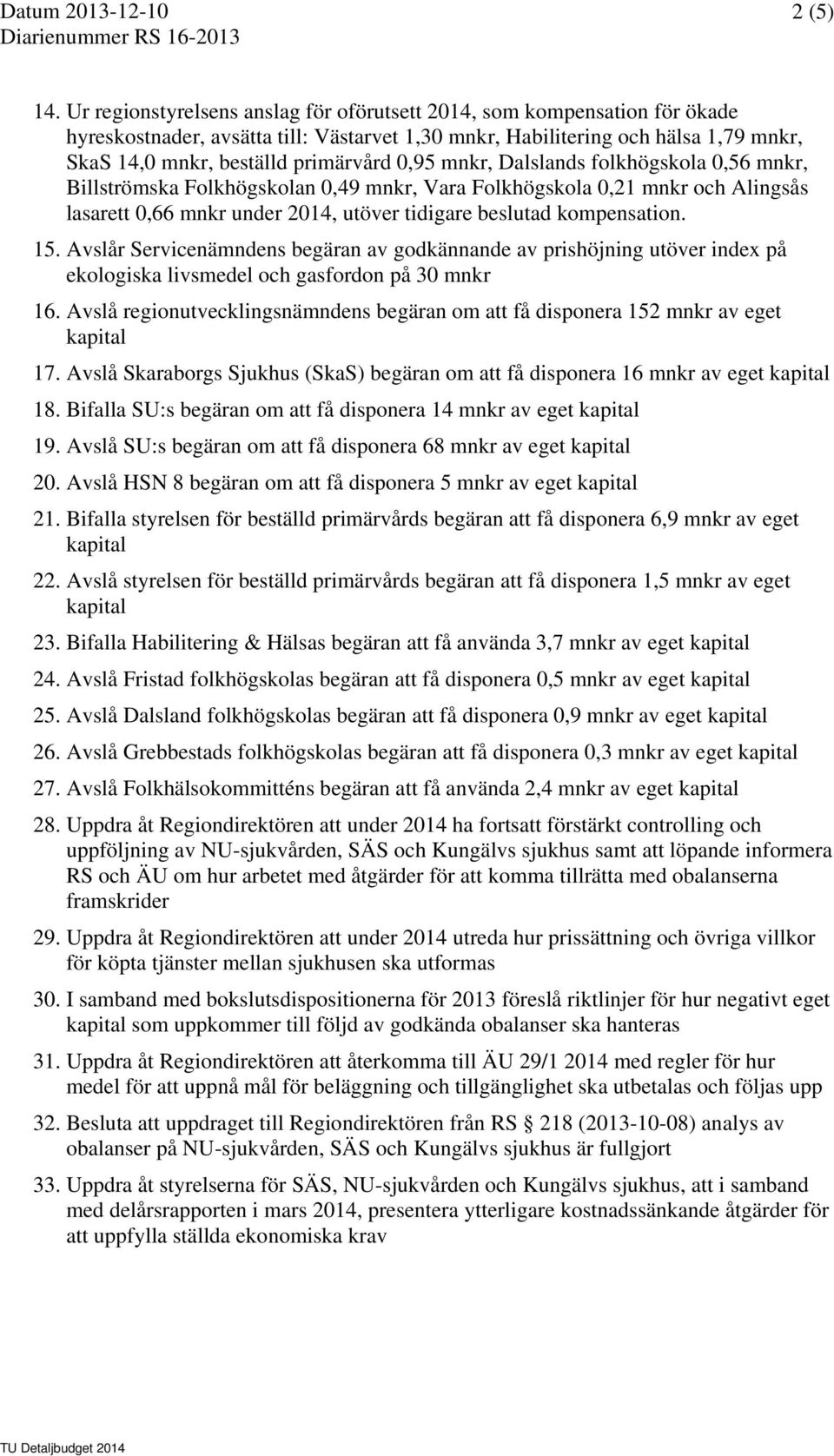 0,95 mnkr, Dalslands folkhögskola 0,56 mnkr, Billströmska Folkhögskolan 0,49 mnkr, Vara Folkhögskola 0,21 mnkr och Alingsås lasarett 0,66 mnkr under 2014, utöver tidigare beslutad kompensation. 15.