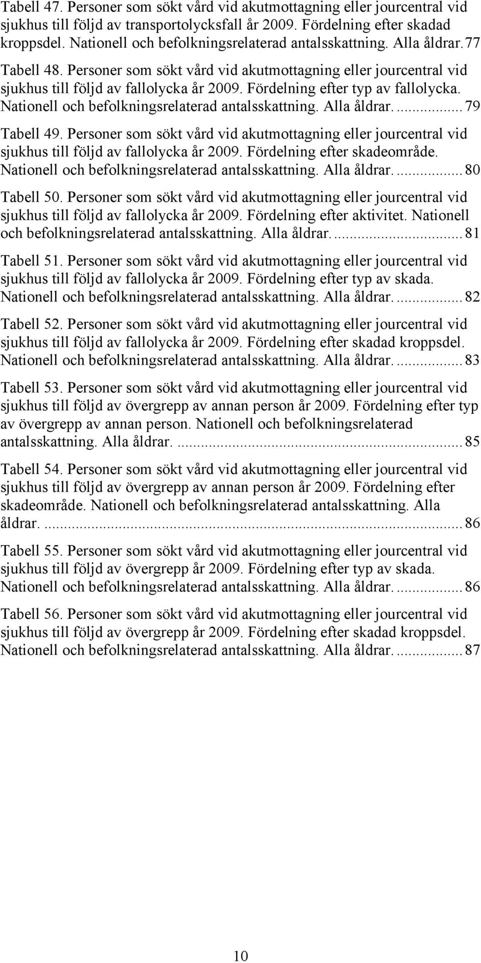 Fördelning efter typ av fallolycka. Nationell och befolkningsrelaterad antalsskattning. Alla åldrar.... 79 Tabell 49.