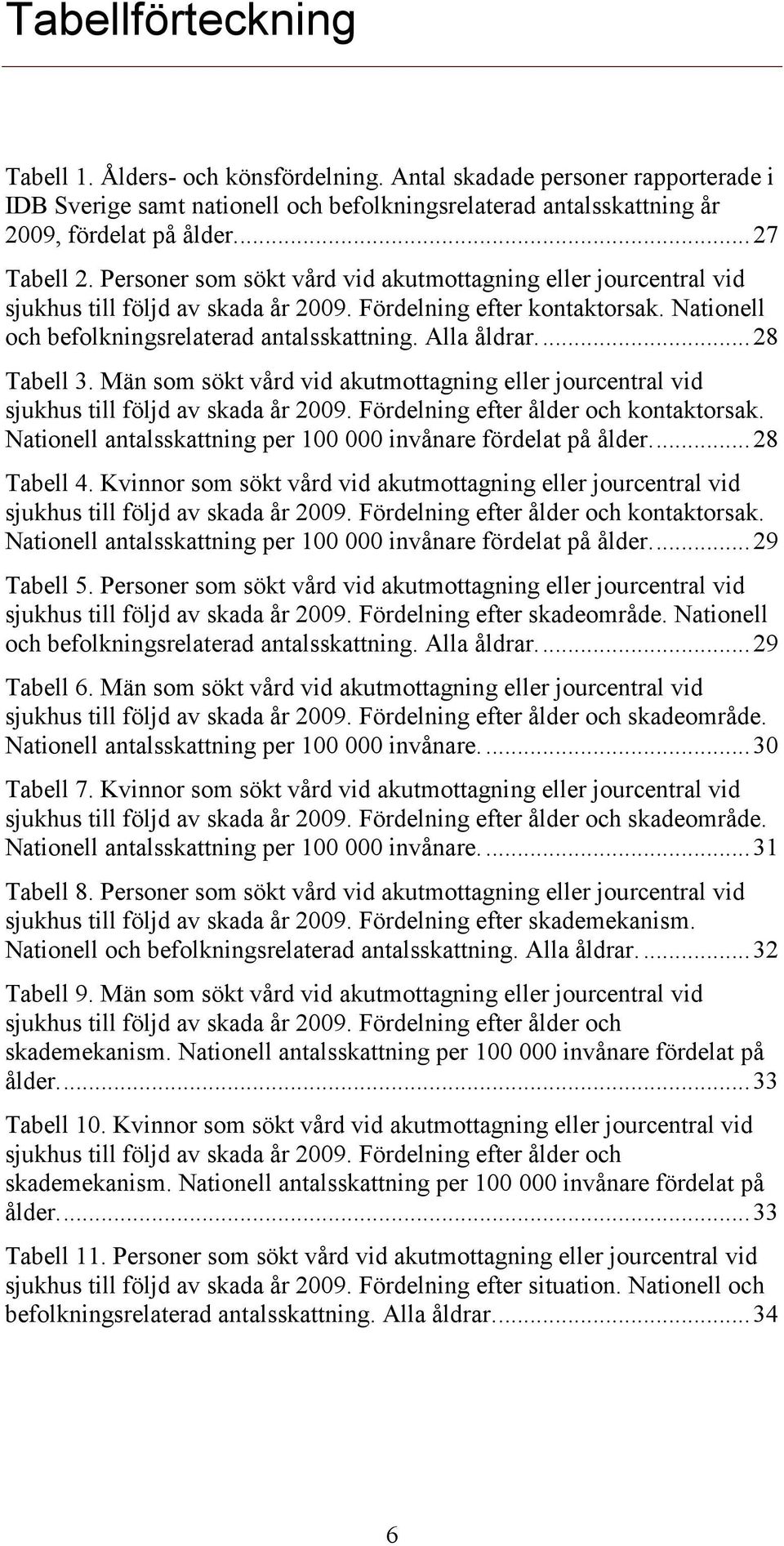 Alla åldrar.... 28 Tabell 3. Män som sökt vård vid akutmottagning eller jourcentral vid sjukhus till följd av skada år 2009. Fördelning efter ålder och kontaktorsak.
